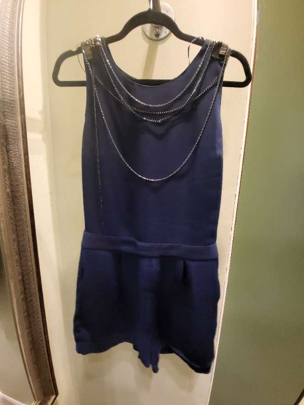 Navy Blue Tailored Chain-Neckline Romper