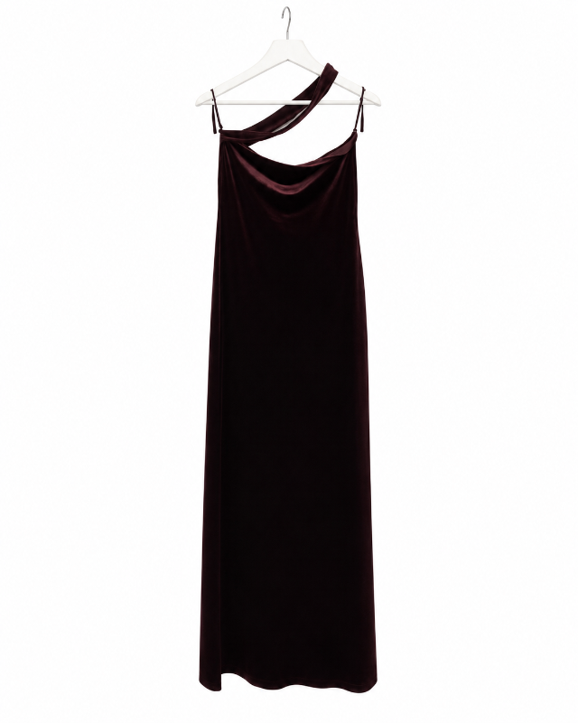 Vínrauður aðsniðinn 1-shoulder kjóll m/klauf