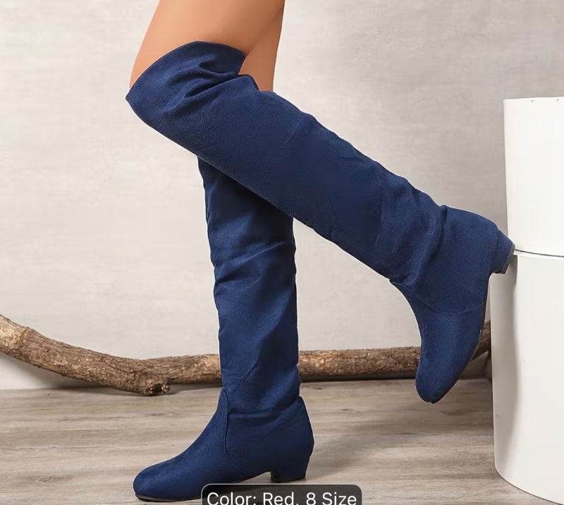 Navy blue over-the-knee boots with low heel