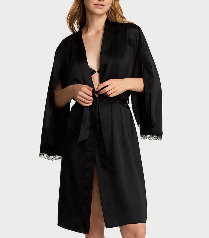 Victoria’s Secret Satin & Lace Robe — Black