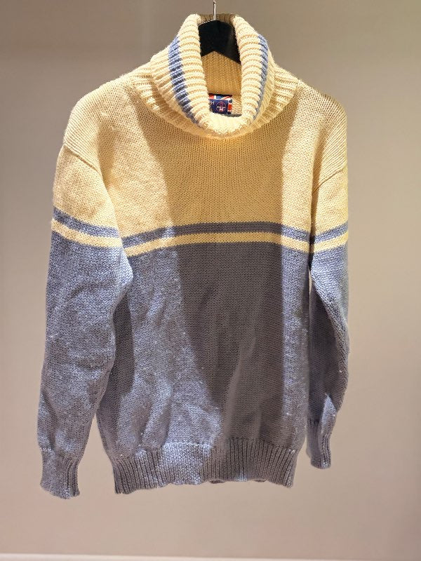 British Wool - Hvít og blá prjónapeysa 100% ull