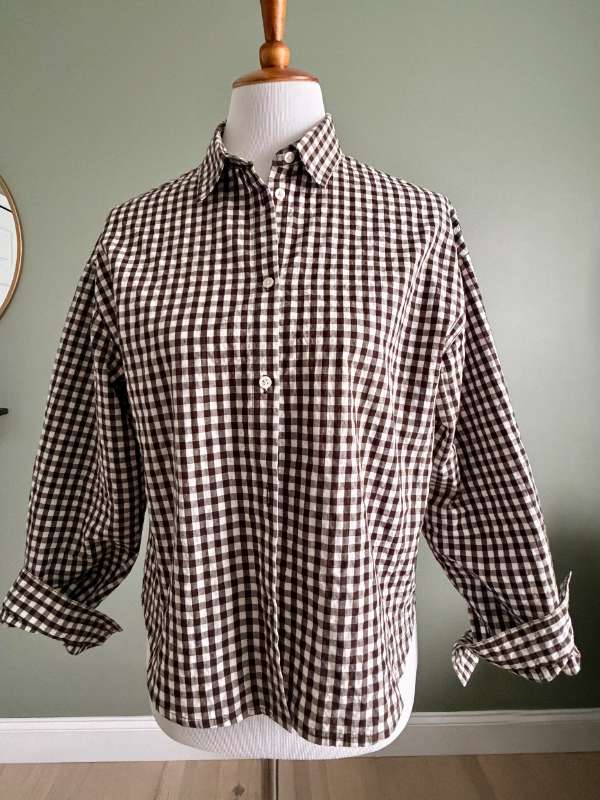 Massimo Dutti brún og hvít köflótt cropped skyrta
