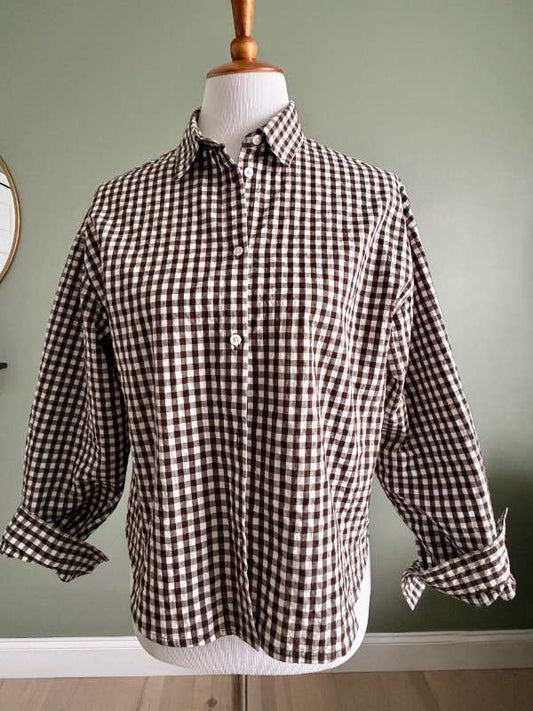 Massimo Dutti brún og hvít köflótt cropped skyrta