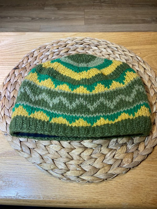 Wool hat green with yellow.