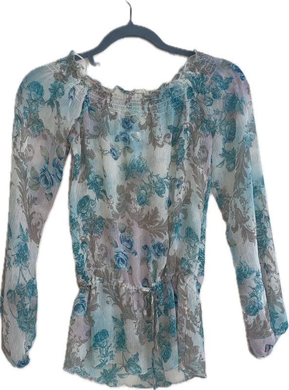 Blá blómaskyrta vintage off shoulder