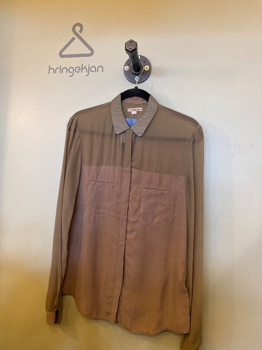 DKNY ljós silkiskyrta m. leðurkraga